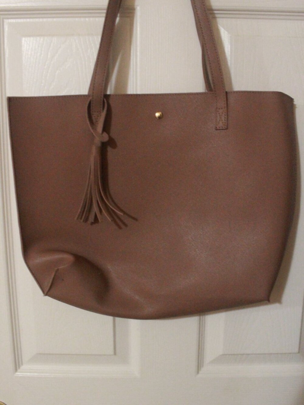 Brown Minimalist Shoulder Tote with Gold-Tone Stud Accent TT